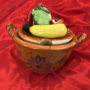 Vintage Pottery Pot with Lid vegetables on lid